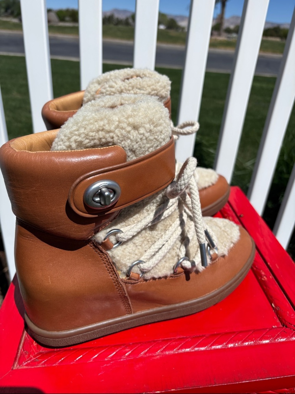 Coach Tan Shearling Monroe Wedge Booties, NWOB, Size 7.5 - Picture 2 of 7